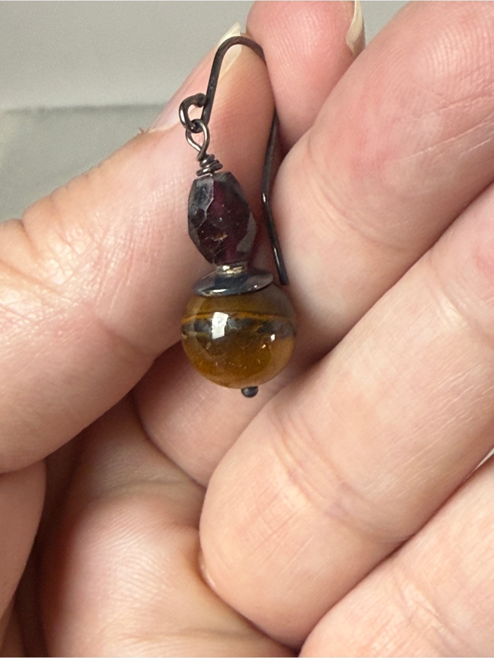 Tiger Eye & Garnet Bead Necklace with Matching Earrings - Brown Handmade Jewelry - Picture 5 of 6